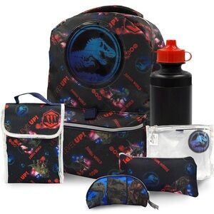 Jurassic Park 6 pcs Dinosaur-Themed Kids Backpack Set - Black and Red